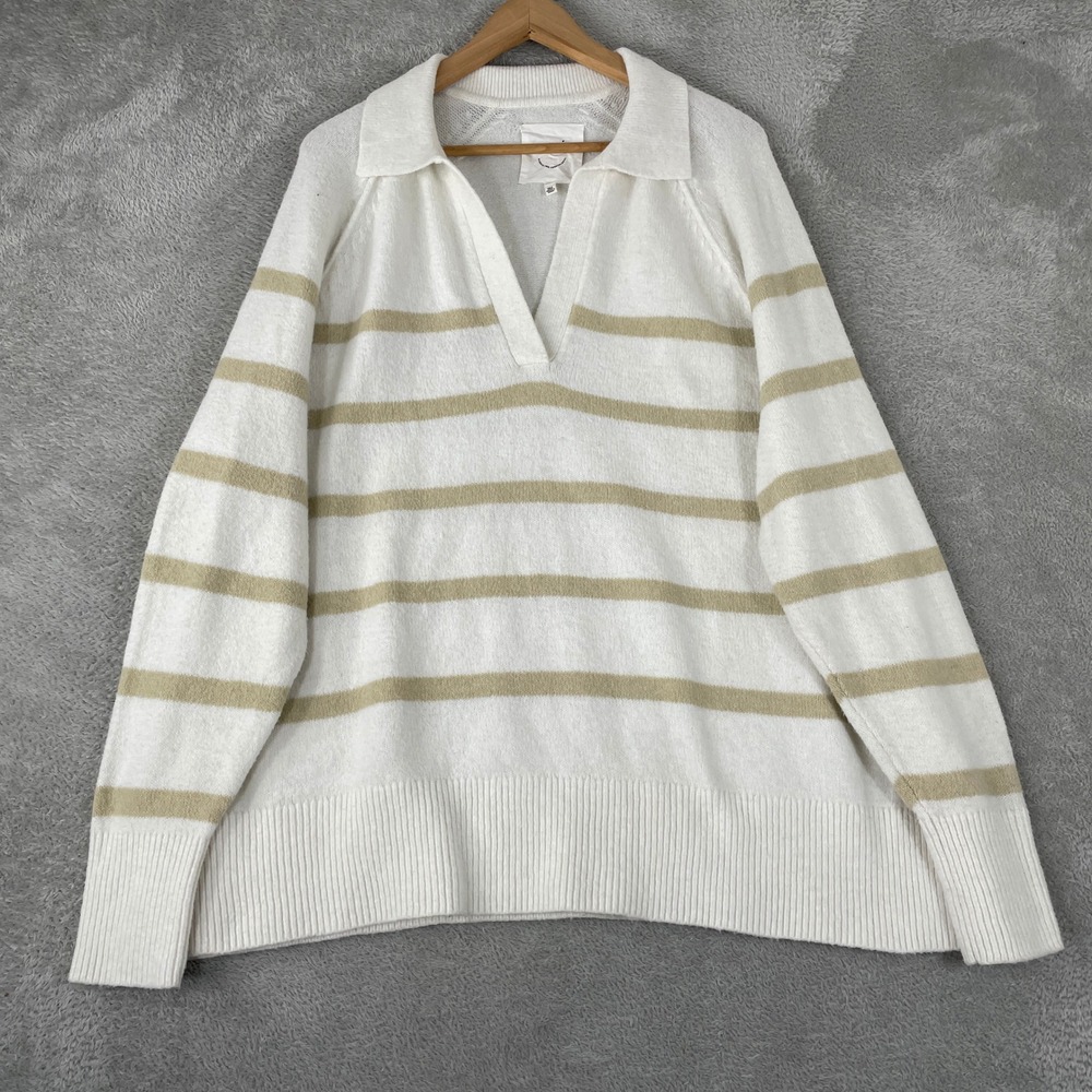 Aerie Sweater Womens Medium White Tan Striped Polo V-Neck Relaxed Coastal Knit